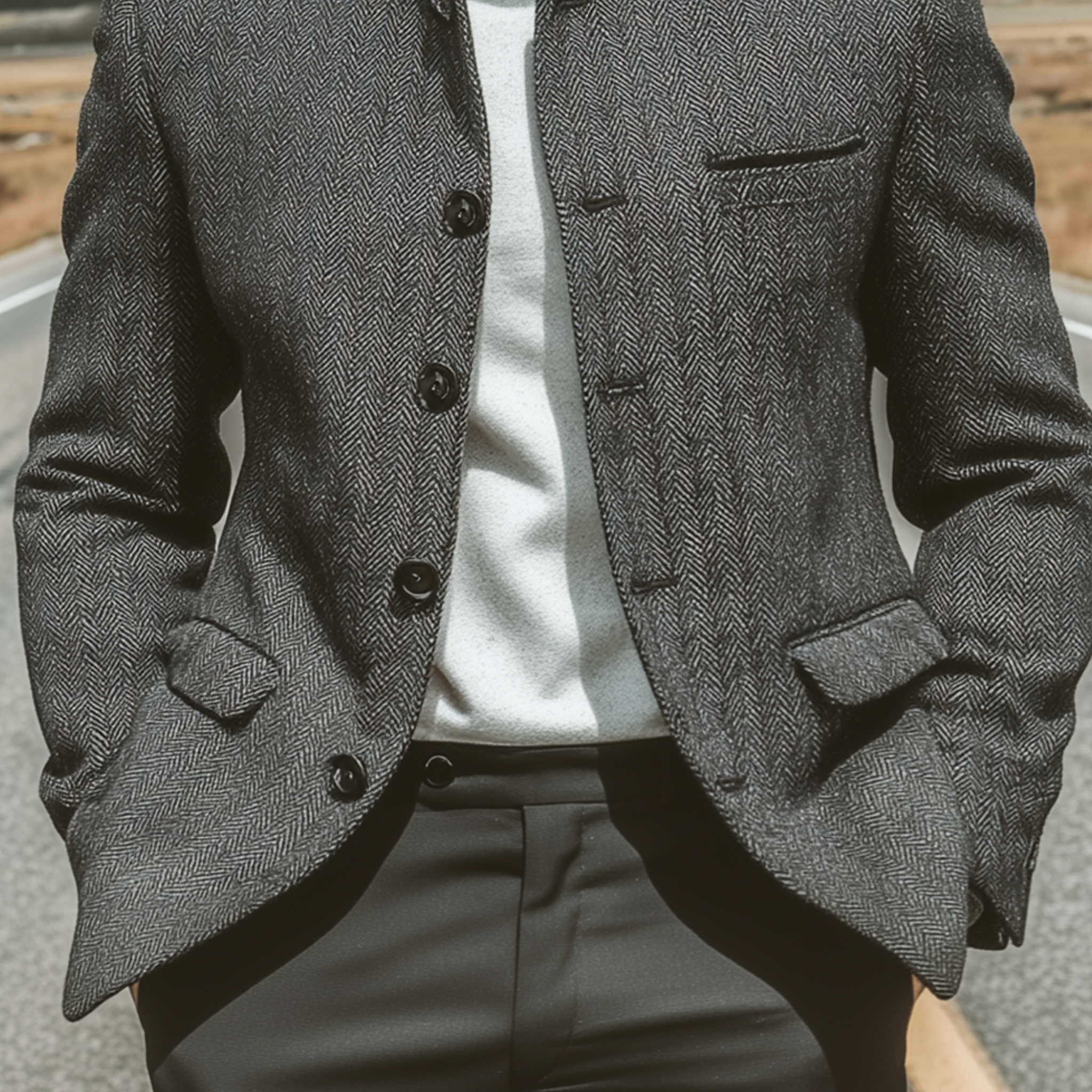 Men's Classic Vintage Stand Collar Button Herringbone Jacket MTA1519I1K