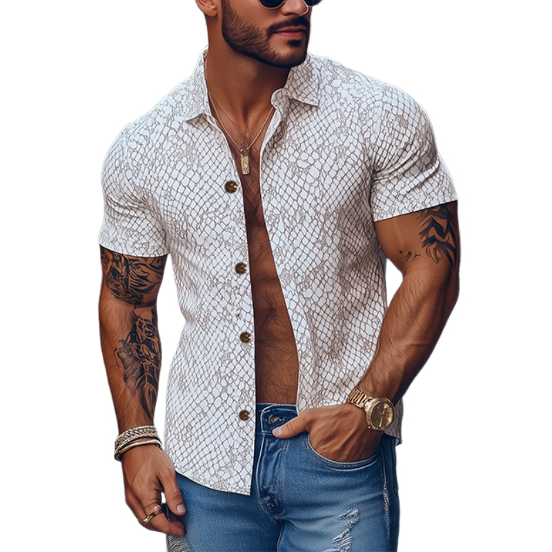 Men's Stylish Classic Slim Fit Snake Texture Print Short Sleeve Shirt 99913842K