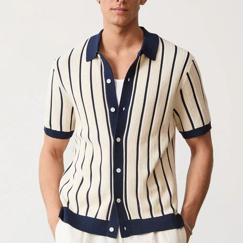 Men's Summer Fashion Casual Vertical Striped Knitted Short-sleeved Shirt MTA2382F9K
