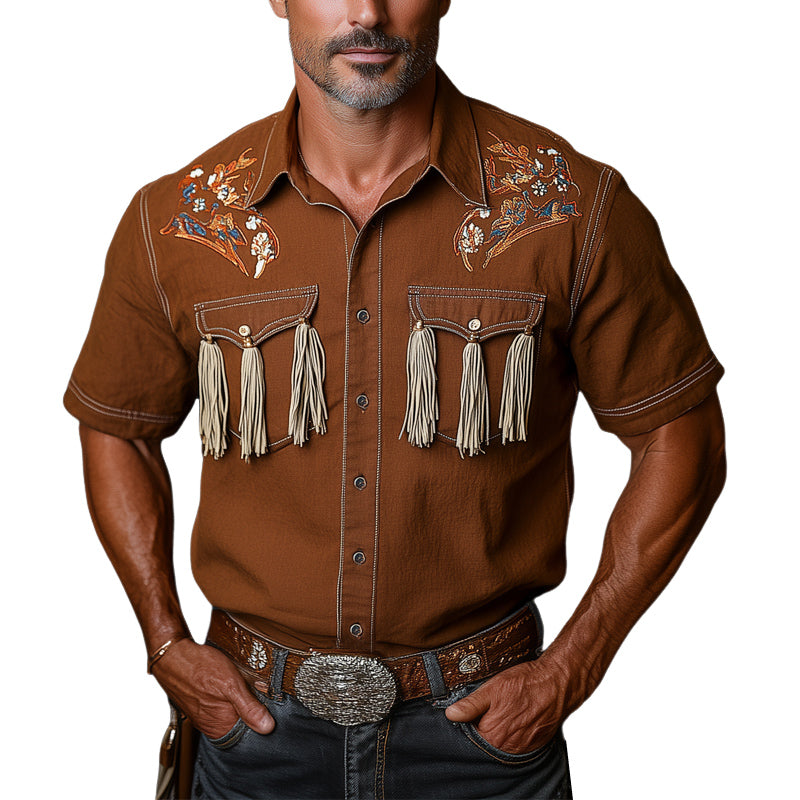 Men's Western Cowboy Style Embroidered Tassel Short Sleeve Shirt MTA0912E5U