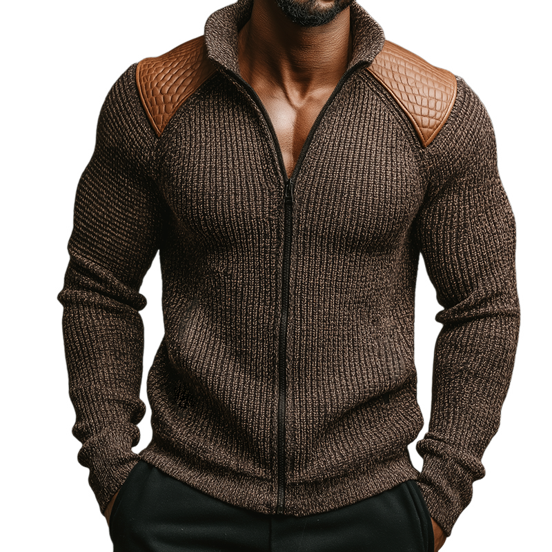 Men's Retro Casual PU Splicing Zipper Knitted Cardigan Sweater MTA1584I0TO