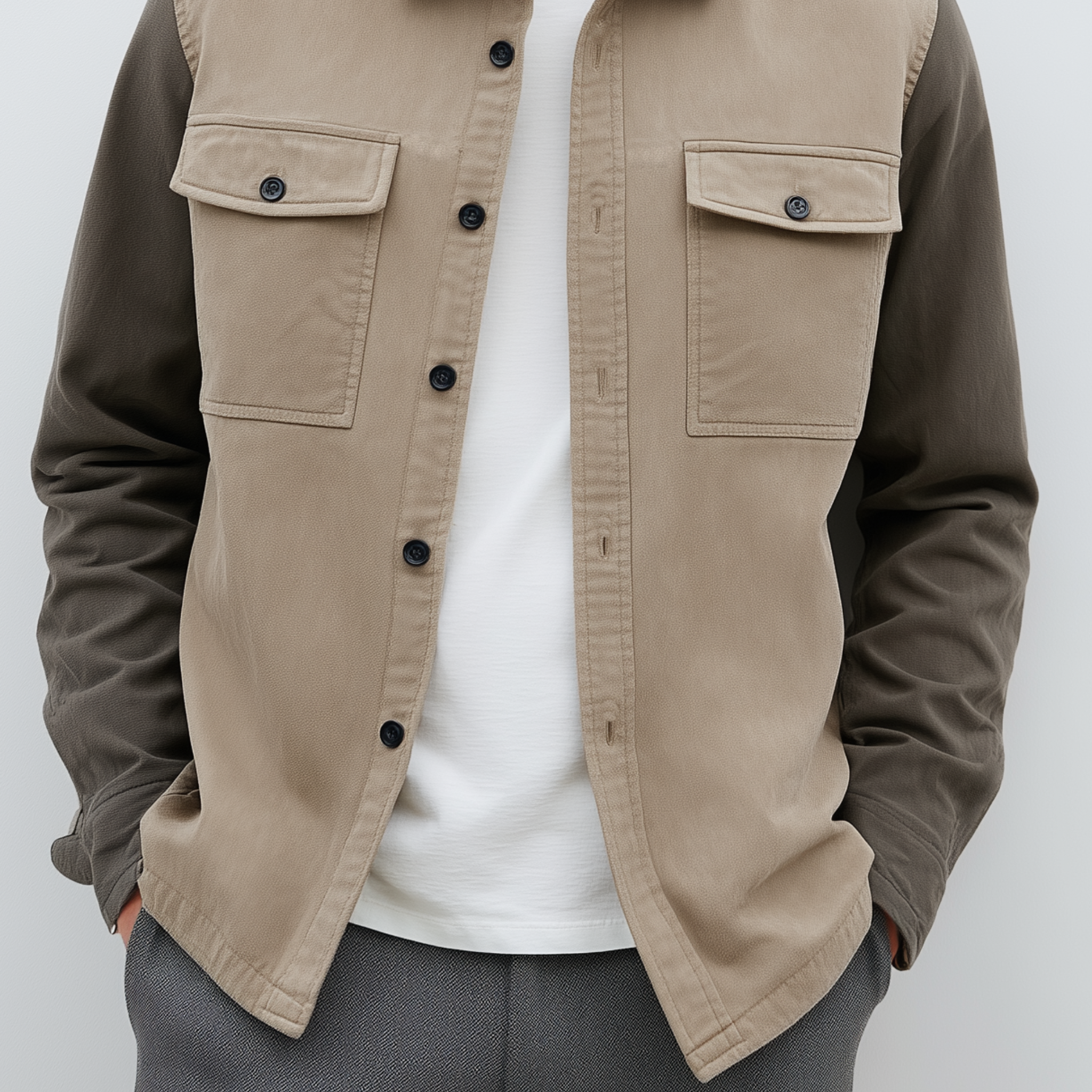 Men's Classic Casual Lapel Contrast Color Stitching Suede Long Sleeve Shirt MTA2970G9K