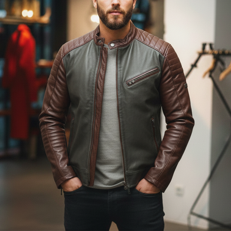 Men's Winter Retro Contrast Color Stitching PU Faux Leather Jacket MTA2182J9P