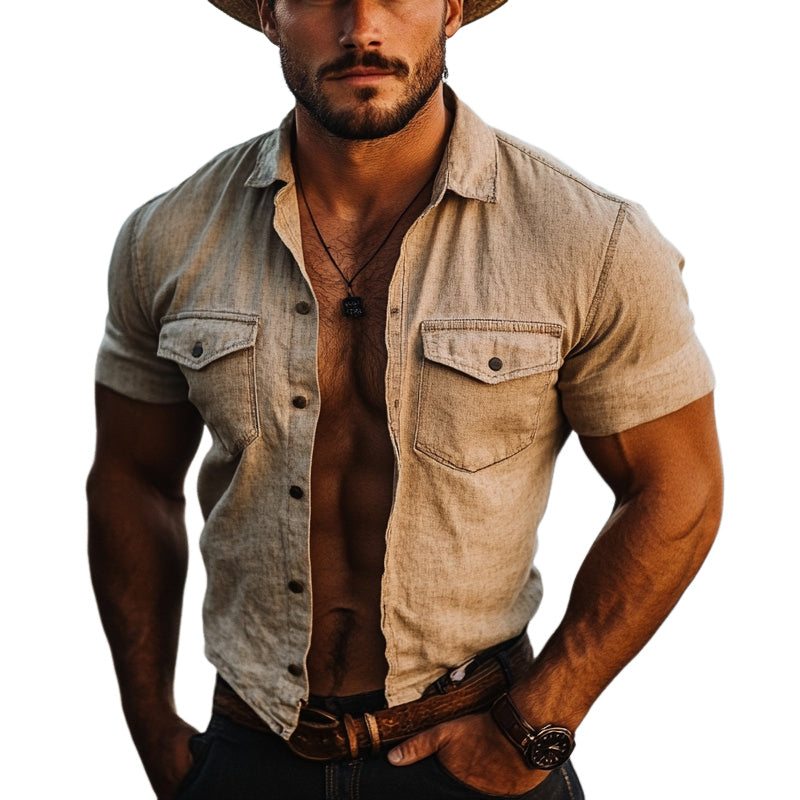 Men's Cotton And Linen Casual Single-Breasted Short-Sleeved Shirt MTA2923D1X