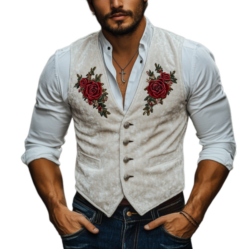 Klassisk Uformell American Retro Velvet Rose Brodert Vest for menn 97234017K