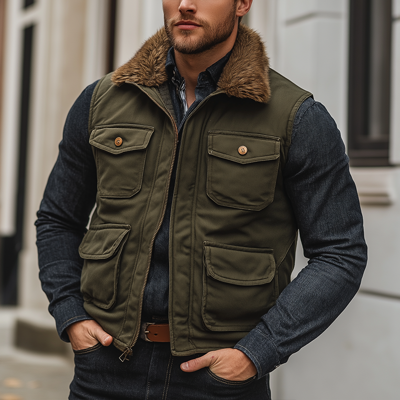 Men's Winter Retro Fur Collar Zipper Vest MTA1579K0P