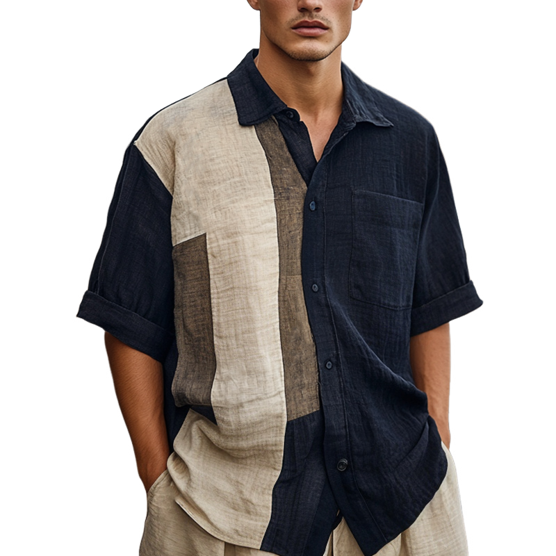 Men's Casual Skin-friendly Color Matching Ice Silk Wrinkled Short-sleeved Shirt 47624843U