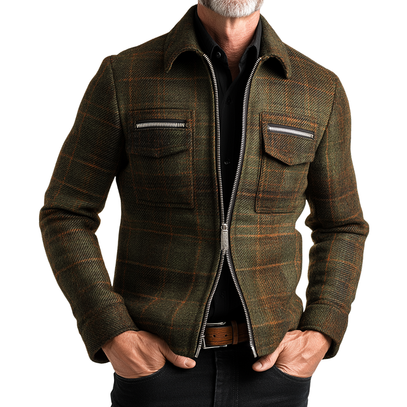 Men's Retro Casual Plaid Printed Tweed Zipper Lapel Jacket MTA2801H3TO