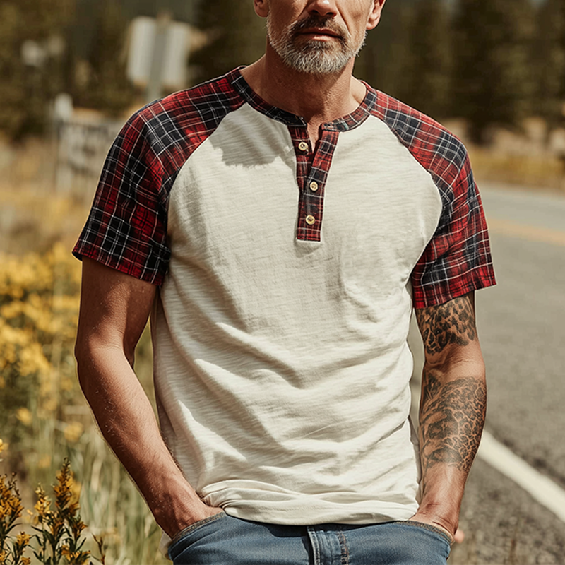 Men's Spring And Summer Fashion Casual Bamboo Cotton Splicing Plaid Henry Collar Short Sleeve T-shirt MTA0829G2K