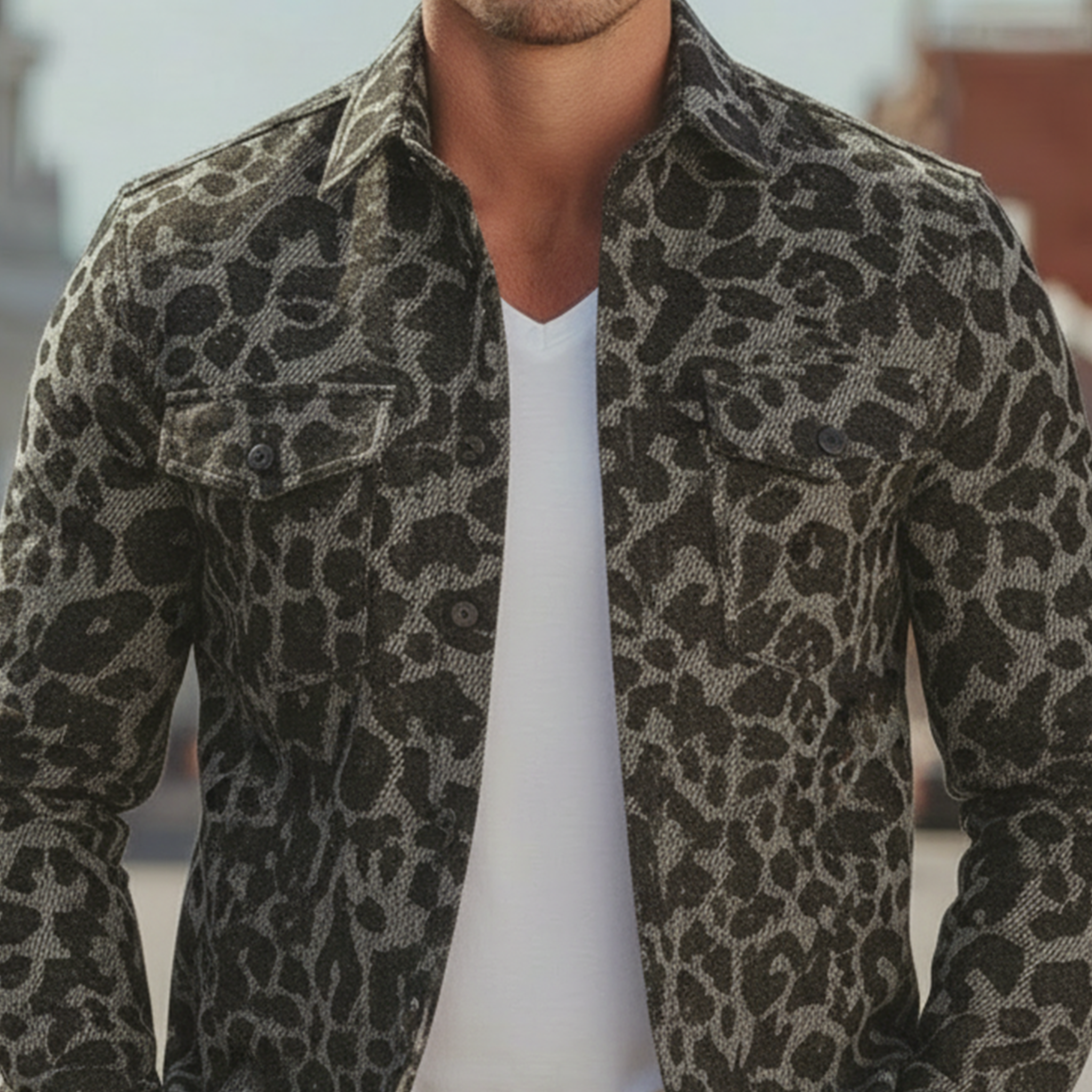Men's Classic Vintage Tough-guy Style Denim Jacquard Leopard Print Long-sleeved Shirt MTA2667L8K