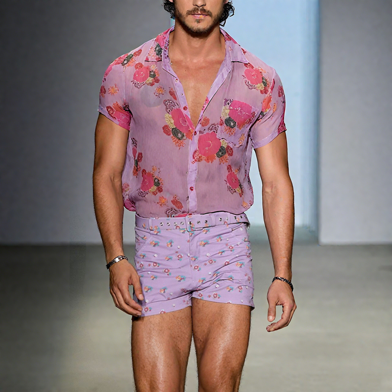 Men's Floral Lapel Short Sleeve Shirt Shorts Set MTA1229F6Z (Without Belt)