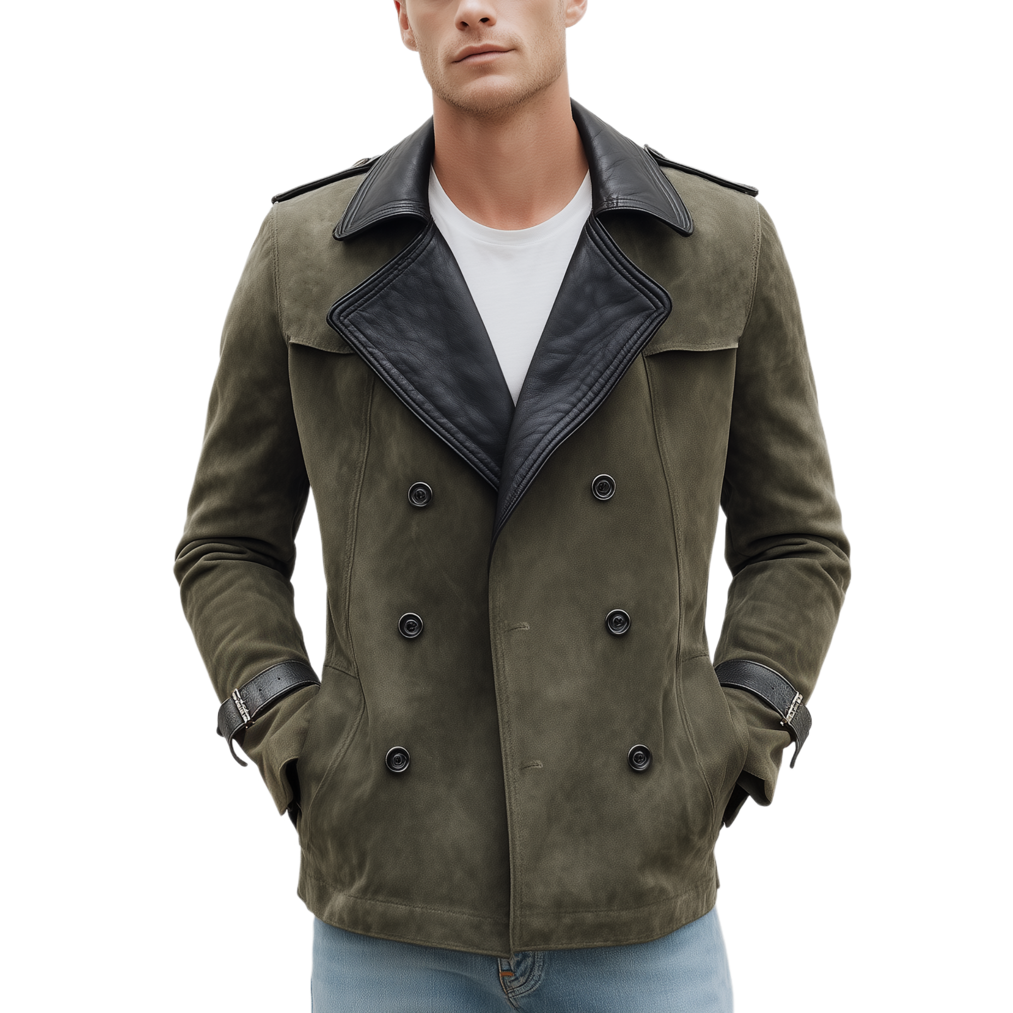 Men's Classic Casual Lapel PU Leather Double-breasted Suede Jacket MTA0279I9K