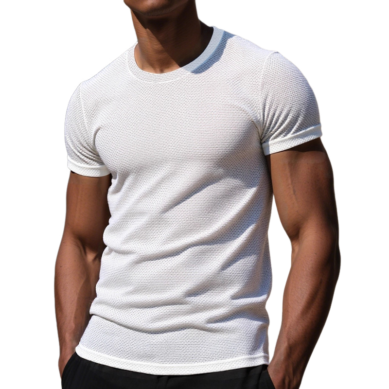 Men's Solid Color Textured Round Neck Short-sleeved T-shirt MTA2100G1X