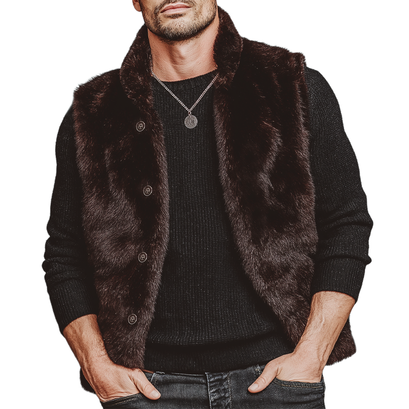 Men's Luxury Chocolate Stand Collar Velvet-Soft Faux Fur Vest MTA0763K7U