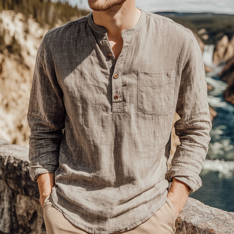 Men's Spring And Summer Classic Casual Henley Collar Cotton And Linen Loose Long Sleeve T-Shirt MTA1127G0K