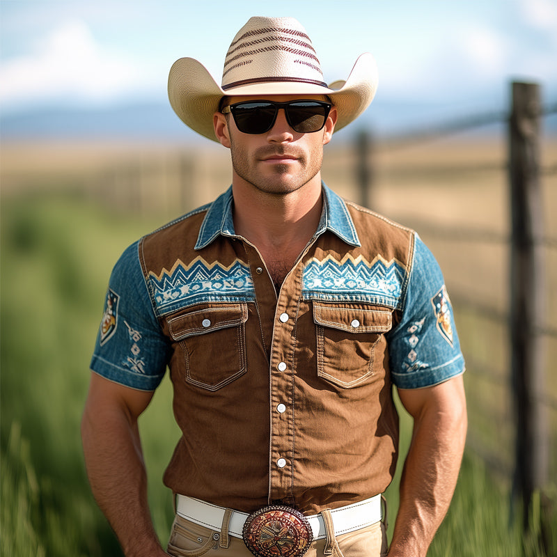 Men's Western Cowboy Style Vintage Printed Snap Button Denim Short Sleeve Shirt MTA1291E3U