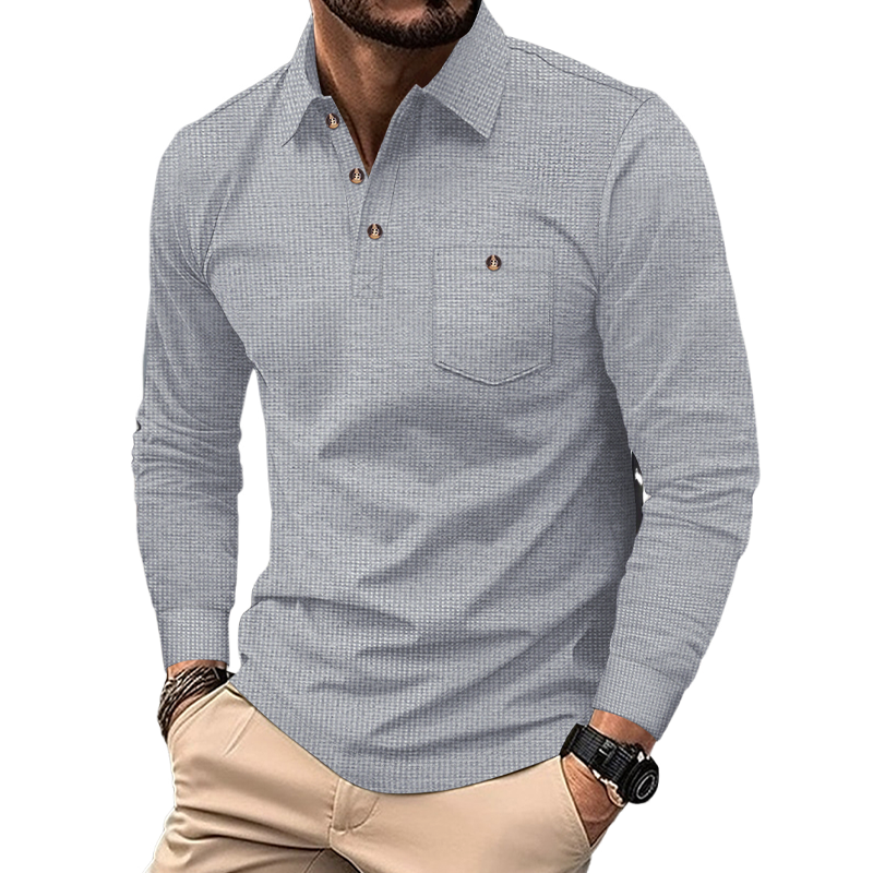 Men's Solid Color Waffle Long Sleeve Polo Shirt MTA2464G1X