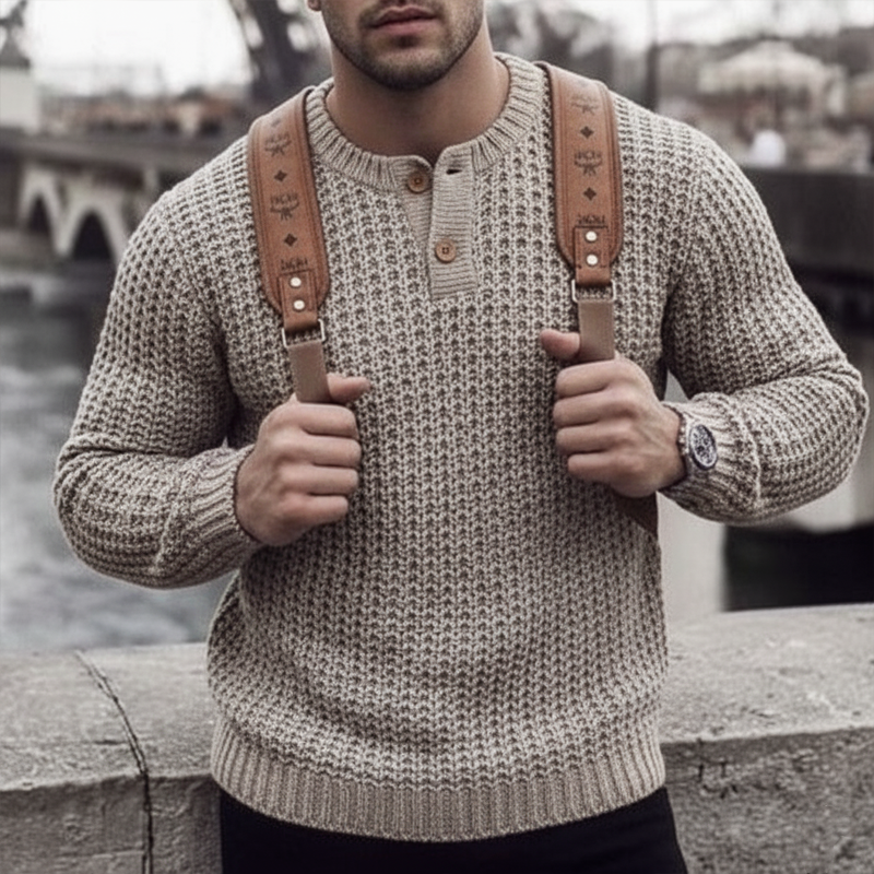 Men's Urban Two-Button Henley Collar Textured Knit Sweater MTA1450K1U