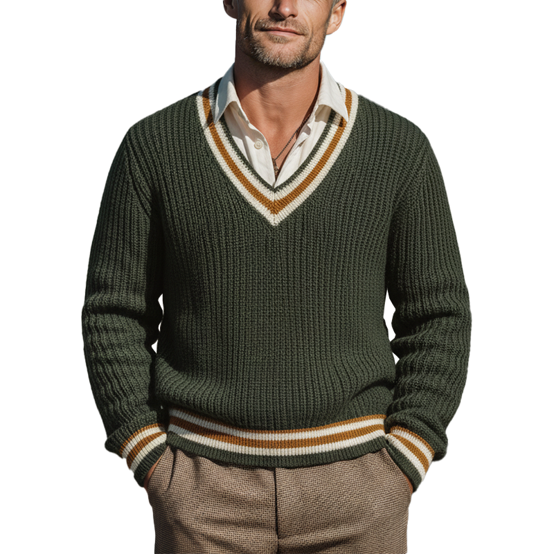 Men's Autumn Fashion Cotton Knitted Contrast Color V-Neck Sweater MTA1736I9P