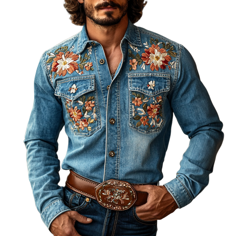 Vestlig cowboystil for menn, brodert jakkeslag, brystlomme, langermet dongeriskjorte 66226570Z