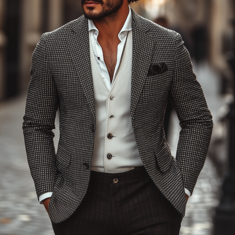 Men's Vintage Classic Houndstooth Notch Lapel Single-breasted Slim-fit Blzer MTA0810H1M