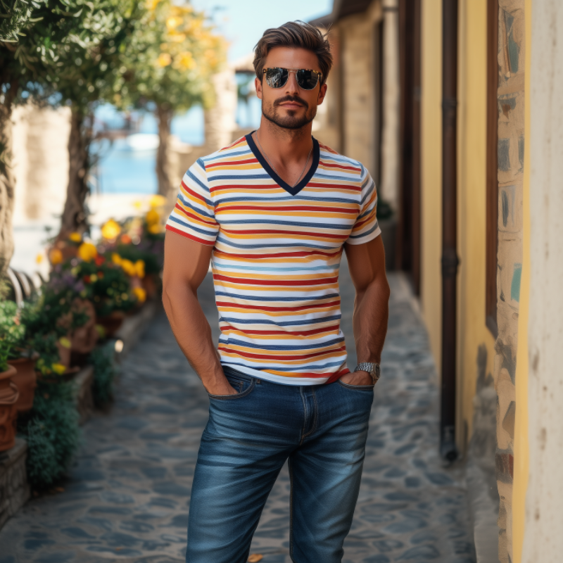 Men's Classic Casual Contrast Striped Patchwork Cotton Slim Fit T-shirt 55153504K