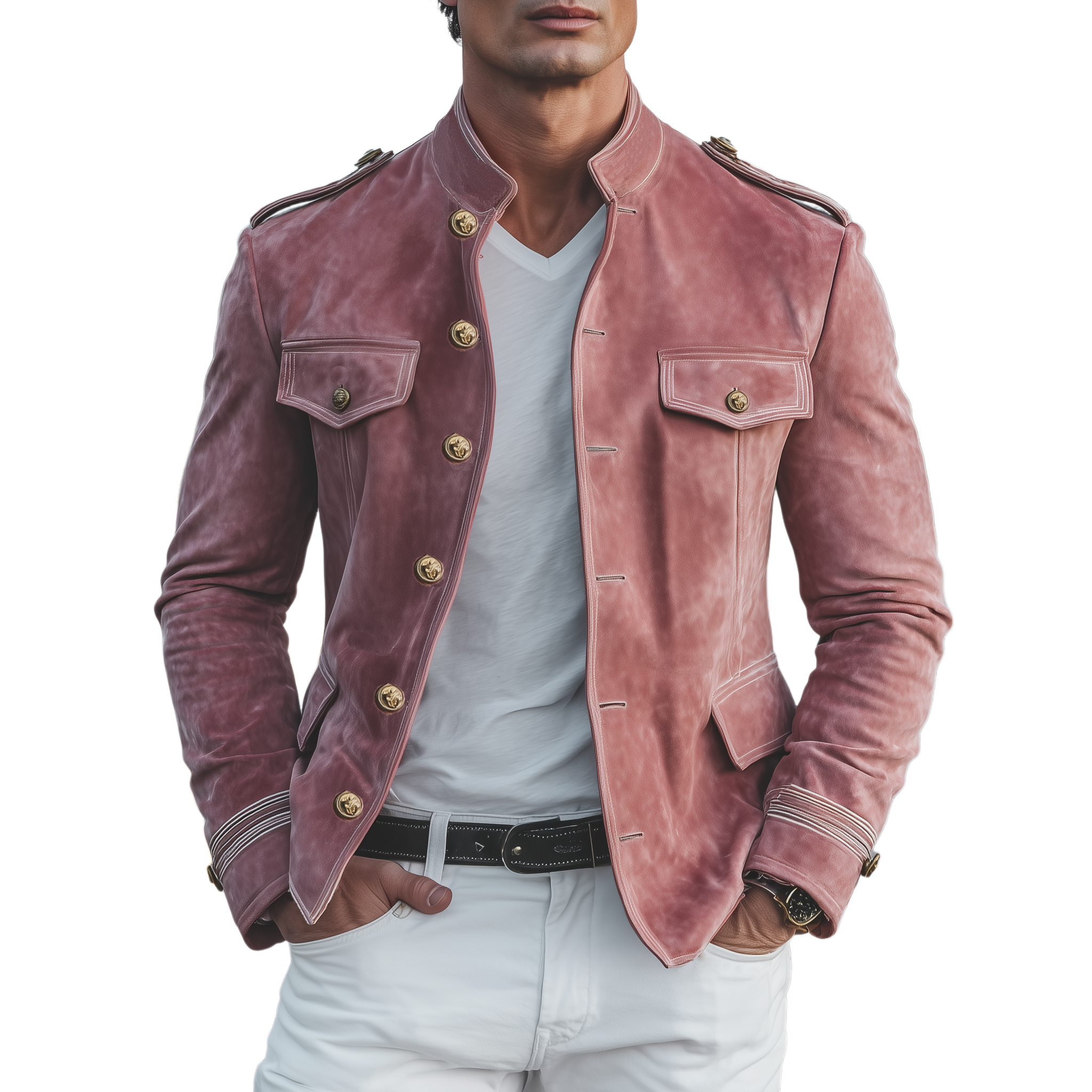 Men's Classic Retro Stand Collar Pink Suede Multi-pocket Slim-fit Jacket MTA3069H5K