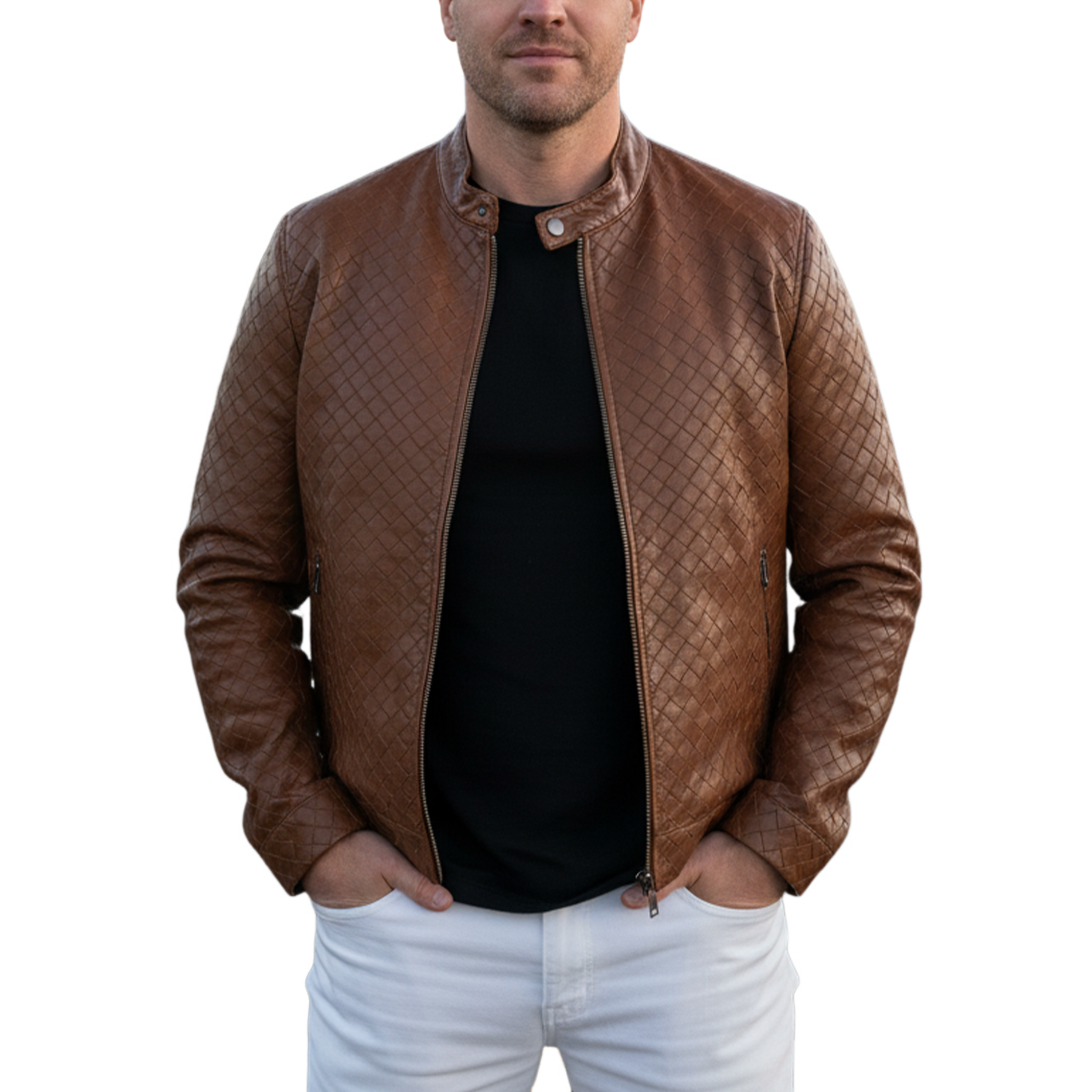 Men's Classic Retro Stand Collar Plaid Texture PU Leather Zipper Jacket MTA1644I8K