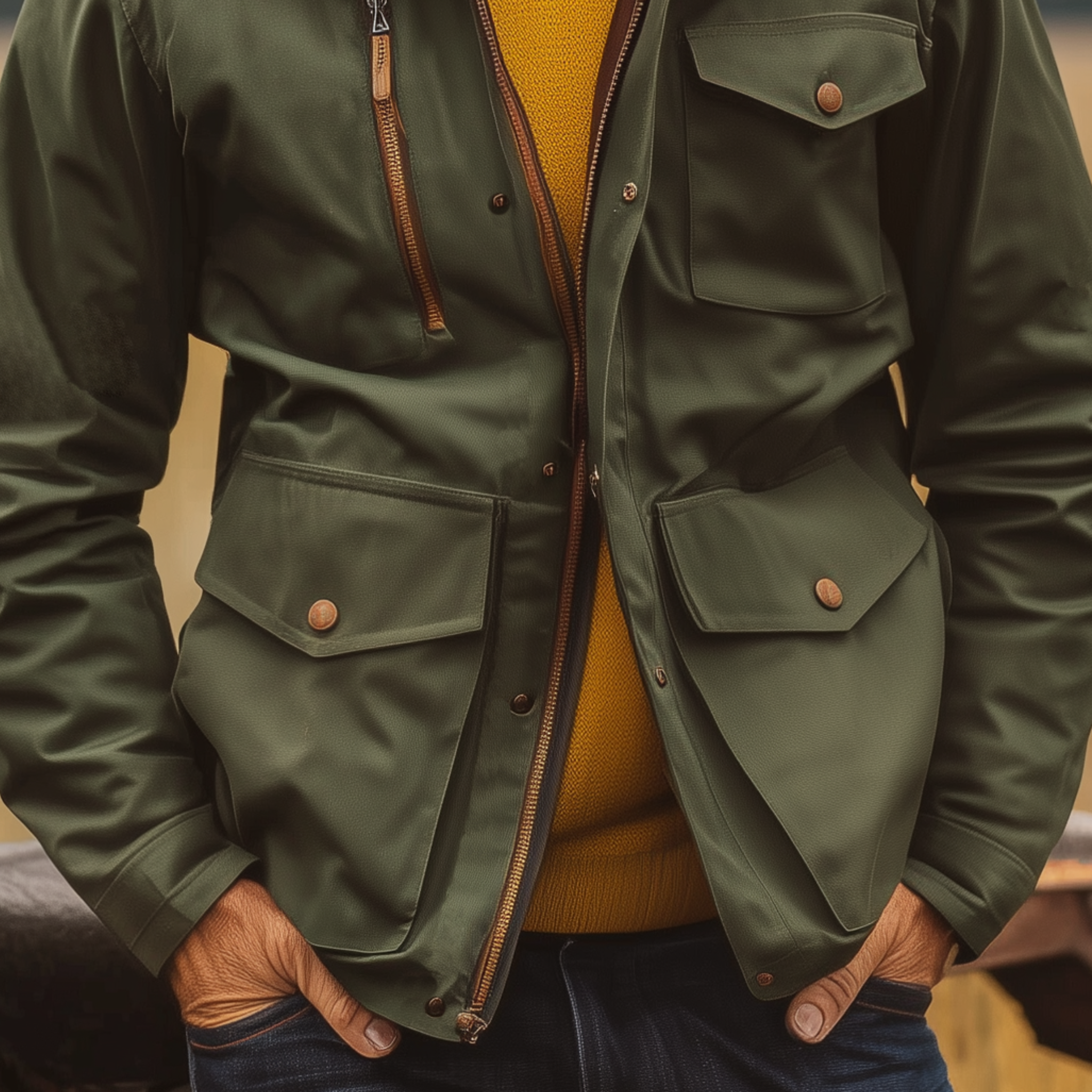 Men's Classic Western Vintage Suede Collar Multi-Pocket Zipper Cotton Blend Jacket MTA0565I3K