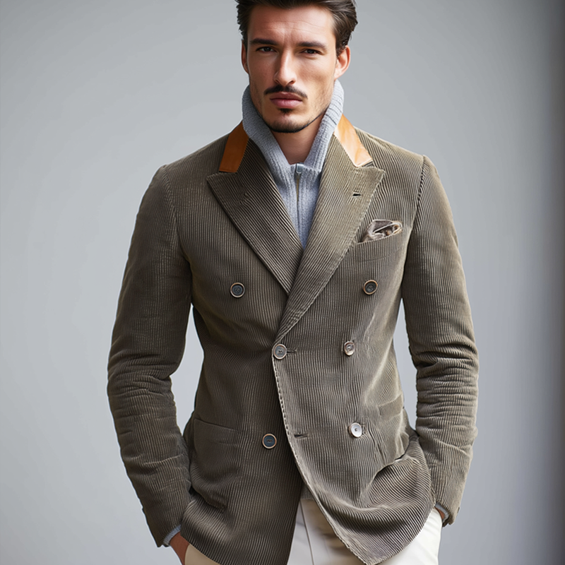 Men's PU Splicing Notch Lapel Double Breasted Corduroy Casual Blazer MTA1857H2Z