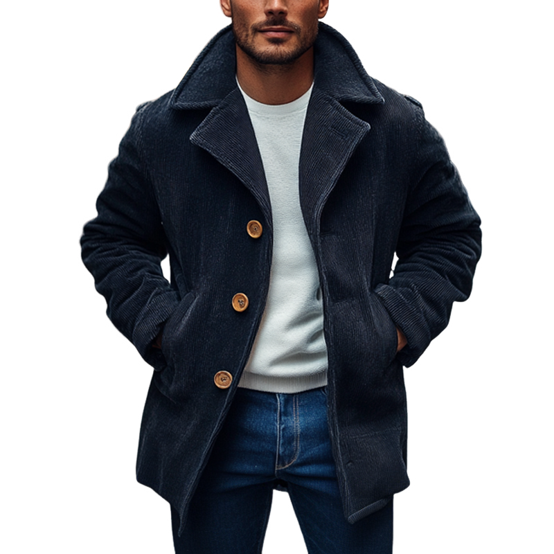 Men's Vintage Corduroy Solid Color Lapel Single-breasted Mid-length Coat MTA1196J1X