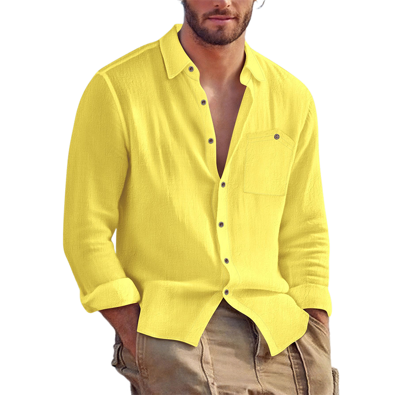 Men's Casual Solid Color Cotton And Linen Long-sleeved Lapel Shirt MTA1391H5X