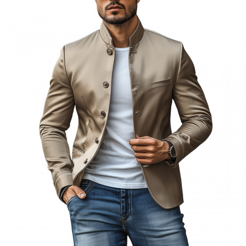 Men's Vintage Elegant Solid Color Satin Crisp Stand Collar Single Breasted Slim Fit Blazer MTA1760G9M