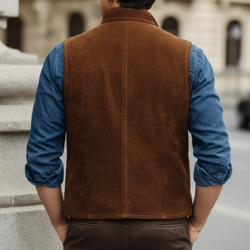 Men's Classic Stand-collar Zippered Suede Multi-pocket Vest MTA0129L9U