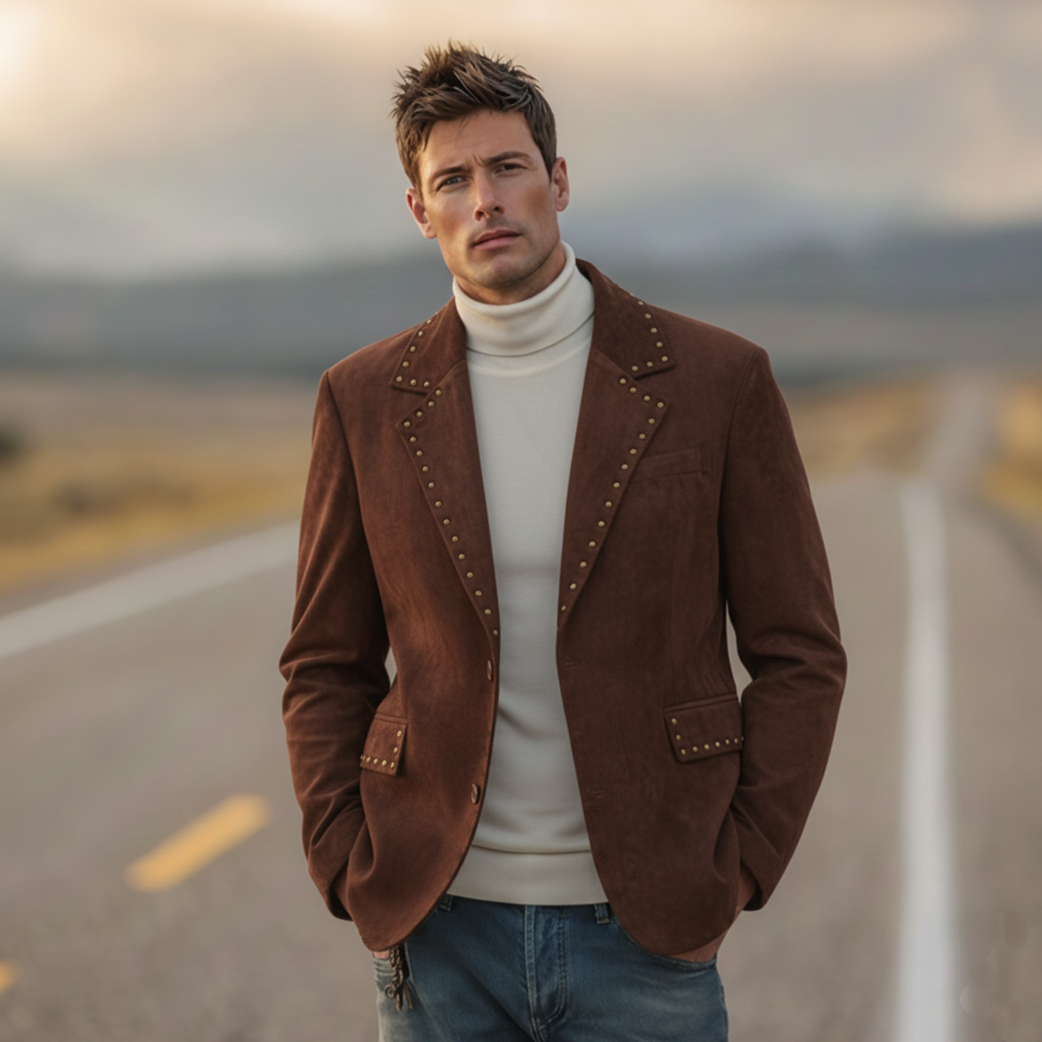 Men's Classic Retro Western Style Stand-up Collar Metal Studded Faux Suede Blazer MTA1026K3K