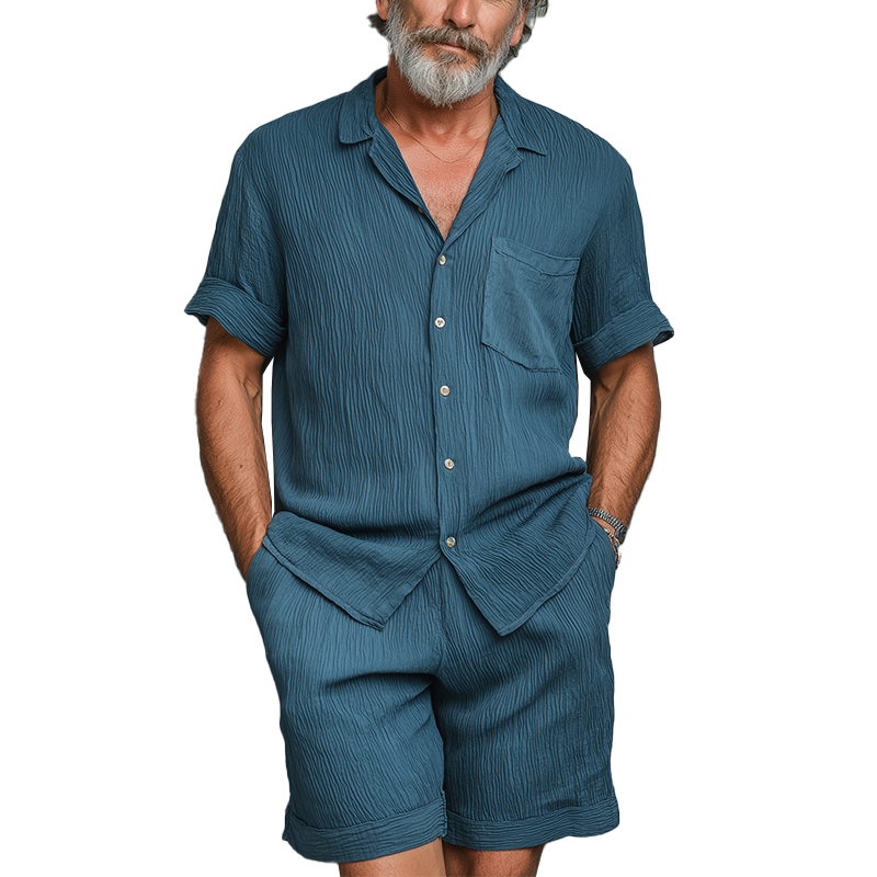 Herre sommermote ensfarget bølgetekstur polyester kortermet dress MTA0249G9P