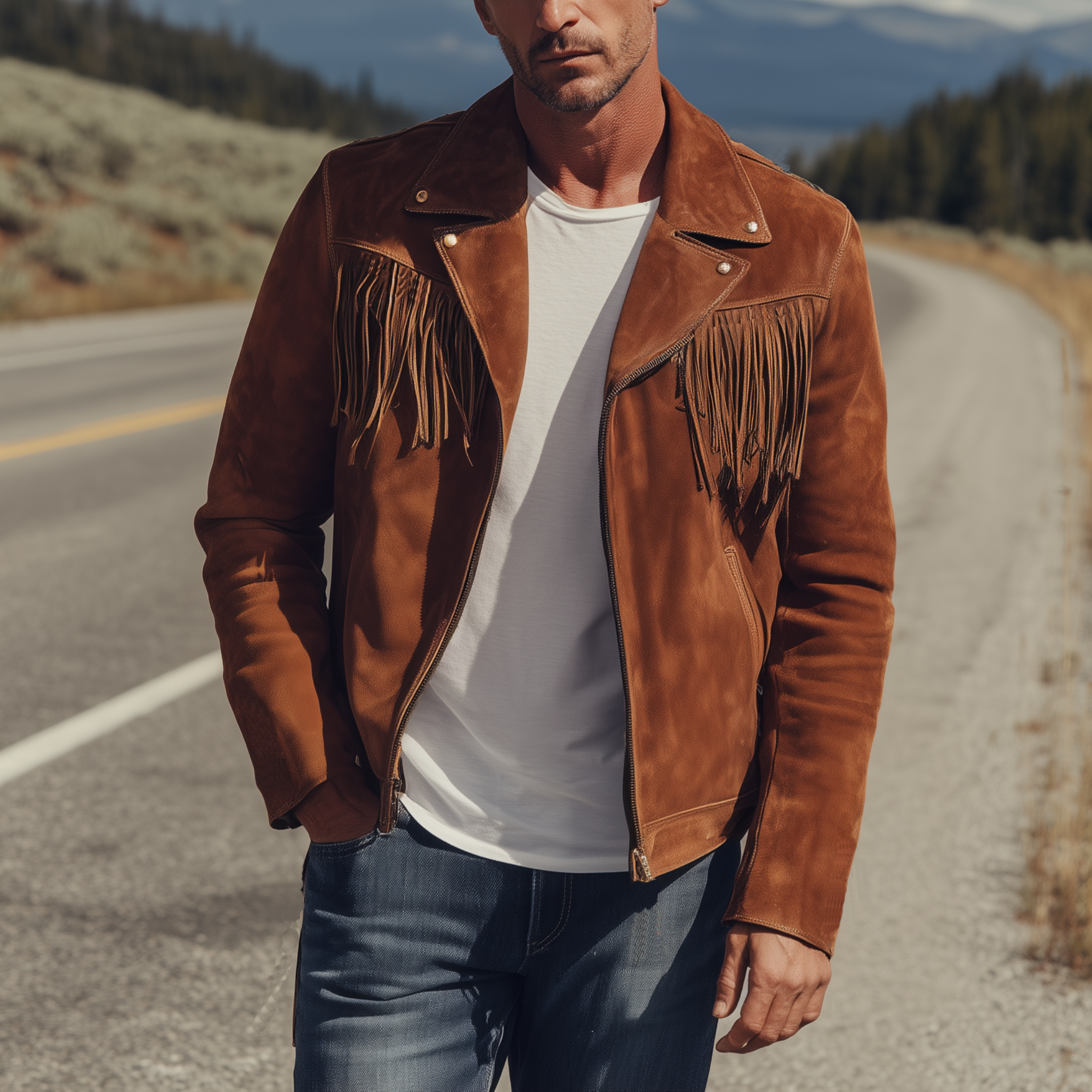 Men's Classic Retro Western Cowboy Style Suede Tassel Lapel Zipper Jacket MTA0507H0K