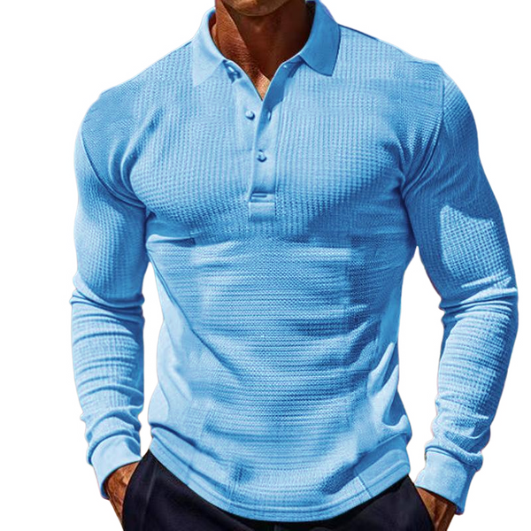 Men's Solid Color Waffle Lapel Long Sleeve Polo Shirt 57631305Z