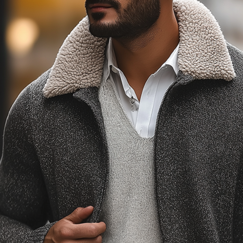 Men's Retro Casual Plush Warm Knitted Fur Collar Zipper Cardigan Jacket MTA2244I4TO
