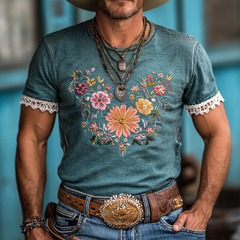 Herre t-skjorte med korte ermer, vintage, cowboy-motiv og broderi i blonder, MTA2048E2X