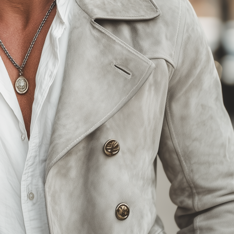 Men's Vintage Elephant Grey Notched Lapel Double Breasted Suede Jacket MTA1697H3U