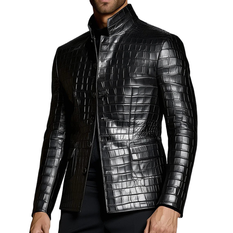 Men's Retro Casual Crocodile Pattern PU Embossed Stand Collar Jacket MTA1186K1TO