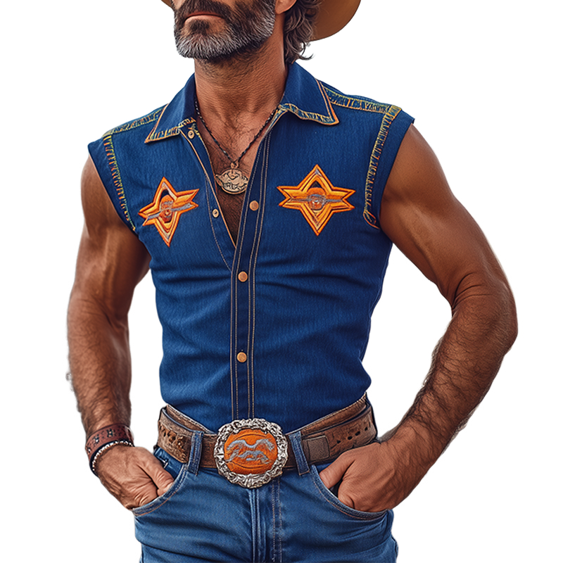 Men's Spring And Summer Fashion Retro Western Cowboy Style Tencel Denim Embroidery Metal Button Slim Sleeveless Shirt MTA1345E9K