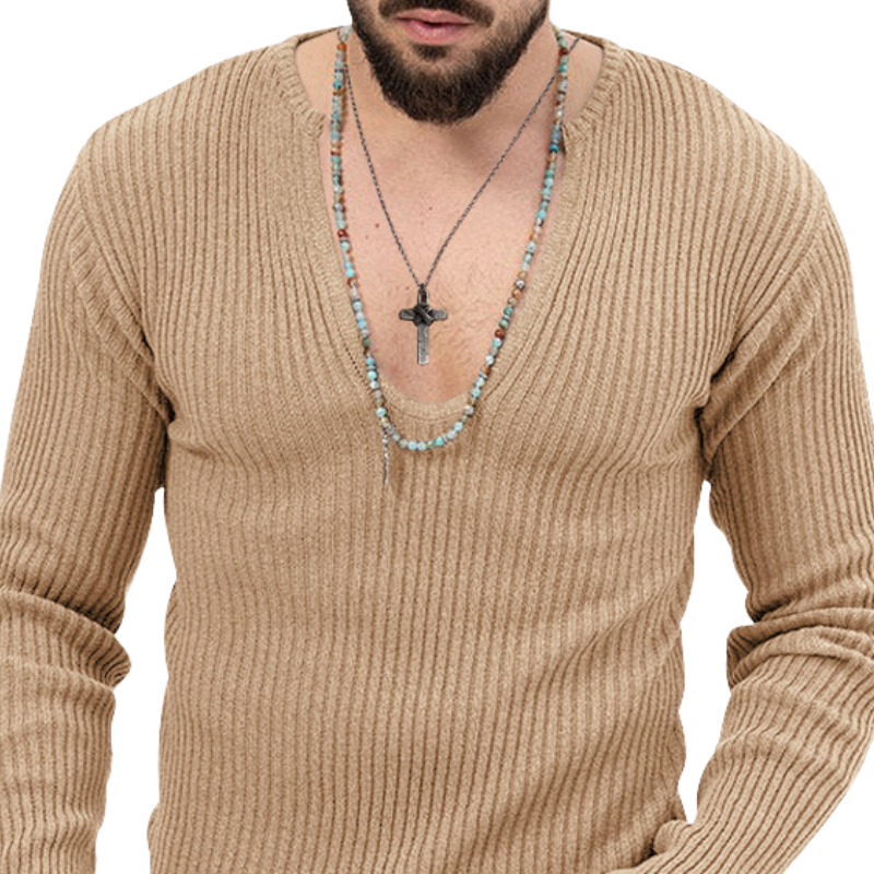 Men's Classic Casual Slim Ft Deep V-neck Striped Long-sleeved T-shirt 17230163K