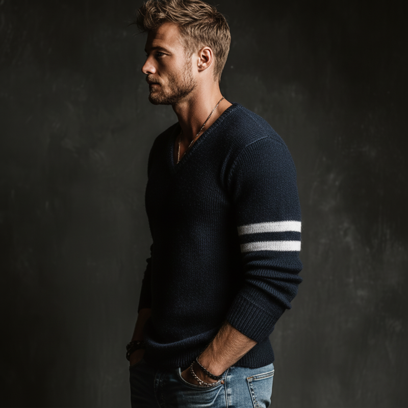 Men's Urban Style Navy Blue V-neck Slim-fit Knitted Sweater MTA0165L0U