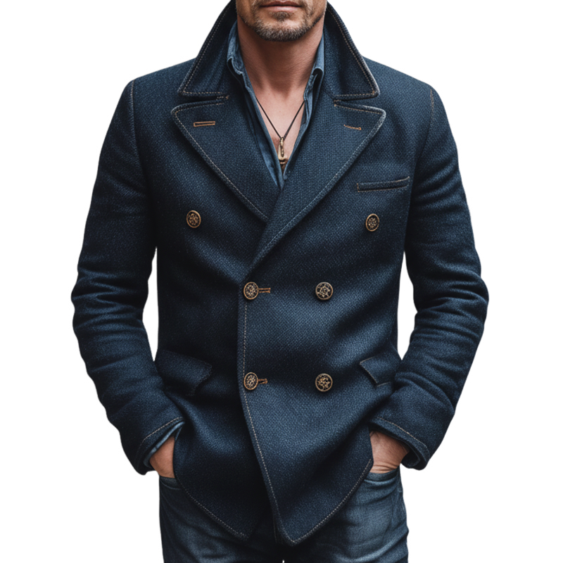 Men's Classic Navy Blue Double-breasted Faux Wool Blazer MTA2041J0U