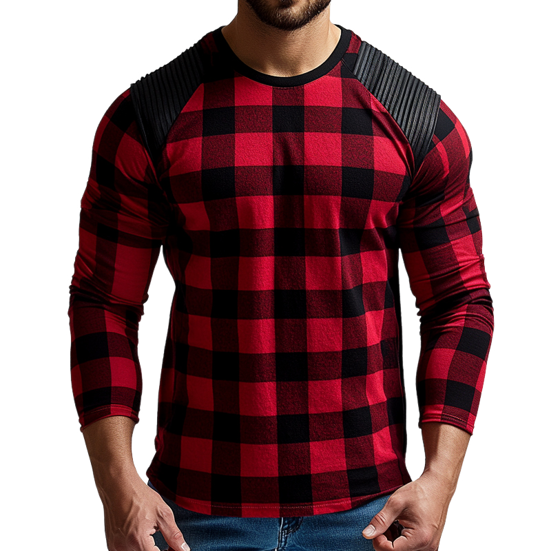 Men's Retro Casual Pleated Plaid Printed Round Neck Long Sleeve T-Shirt 24388108TO