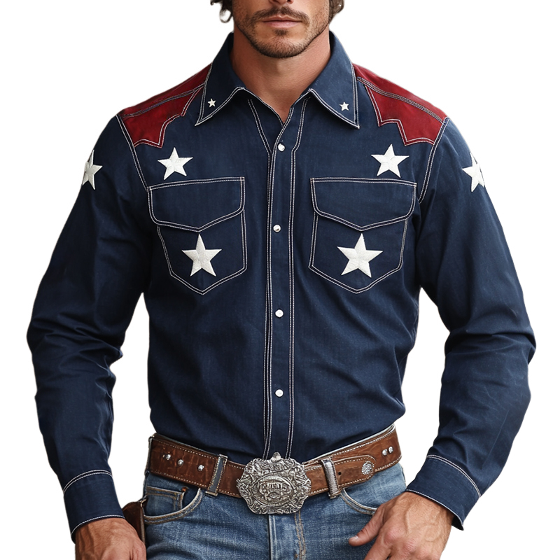 Men's Retro Western Cowboy Style Star Embroidered Lapel Long Sleeve Shirt MTA0679E8TO