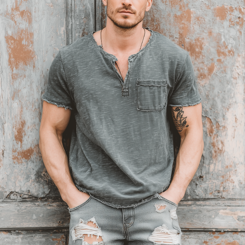Men's Fashion Casual Bamboo Cotton Raw Edge Henley Collar Short Sleeve T-Shirt MTA1572G5K