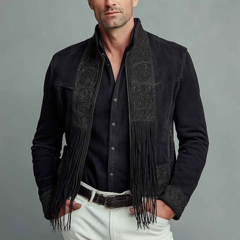 Men's Vintage Exquisite Embroidered Tassel Faux Suede Jacket MTA2724H3P